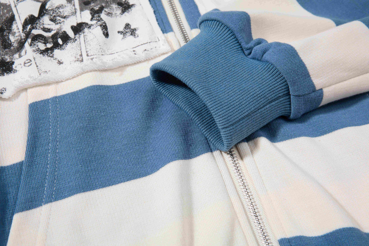 Madxmarx Striped Patchwork Graphic Zip-Up Hoodie