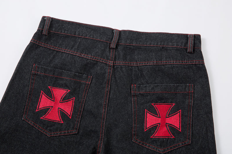 Madxmarx Red Stitch Embroidered Wide-Leg Jeans
