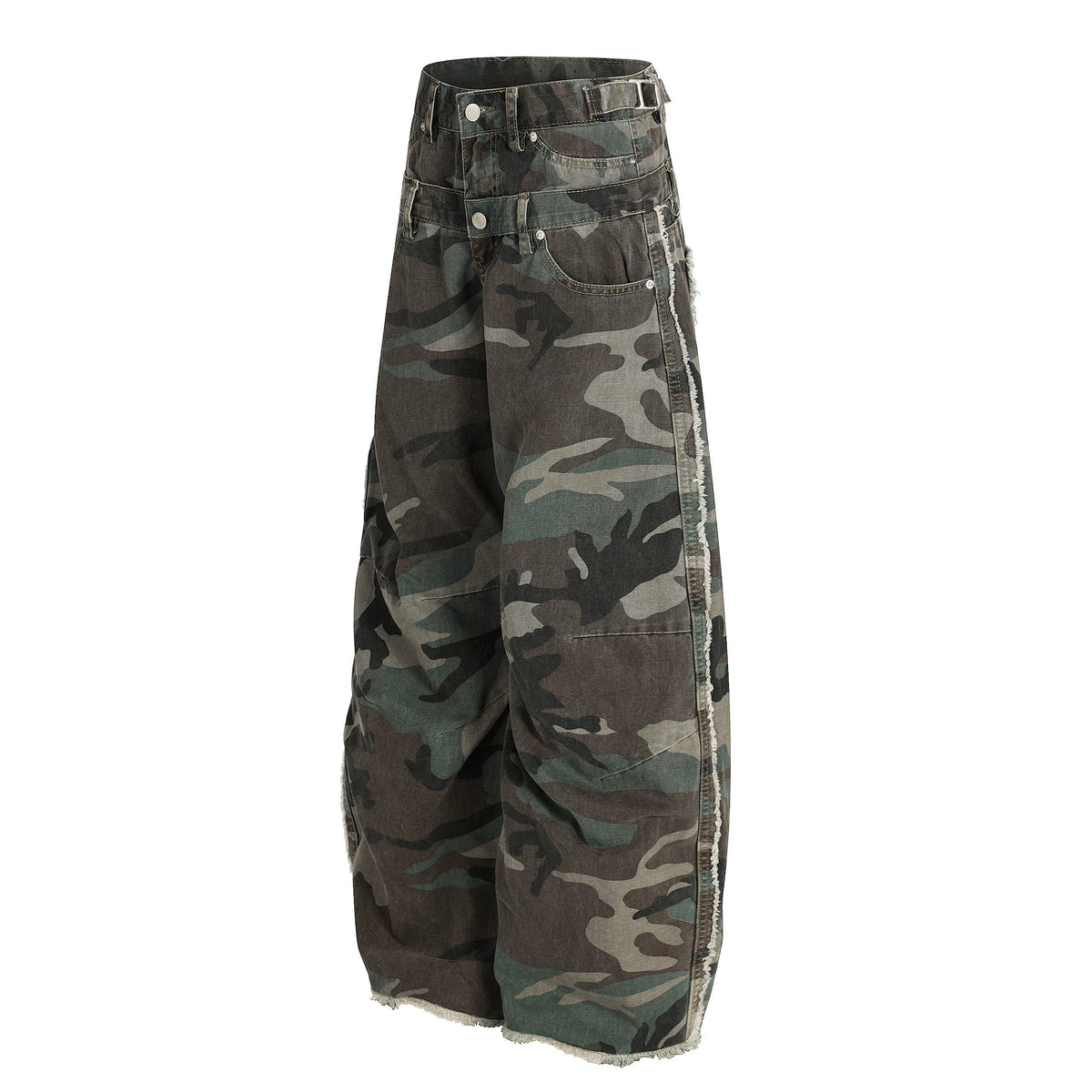 Calça Jeans Cargo Camuflada de Cintura Dupla Madxmarx
