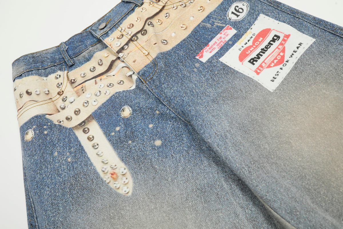 Calça Jeans com Estampa de Cinto de Tachas Madxmarx