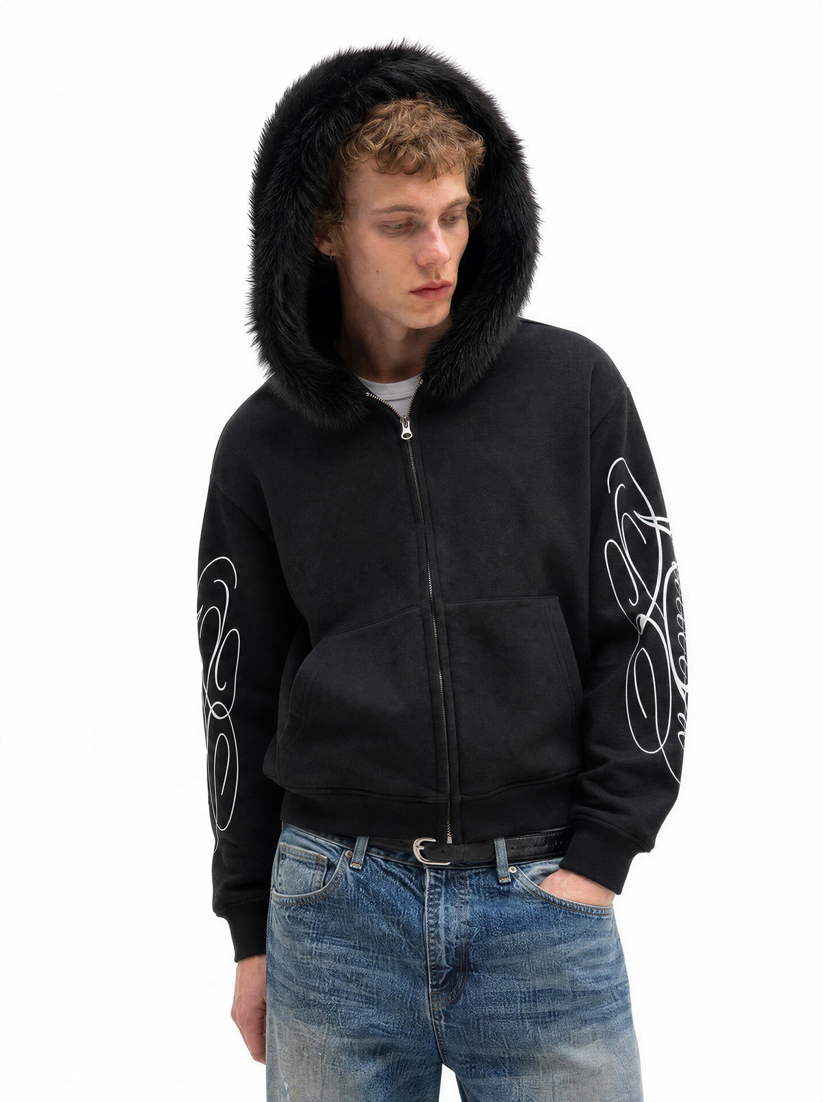 Madxmarx Faux Fur Hood Graphic Zip-Up Hoodie