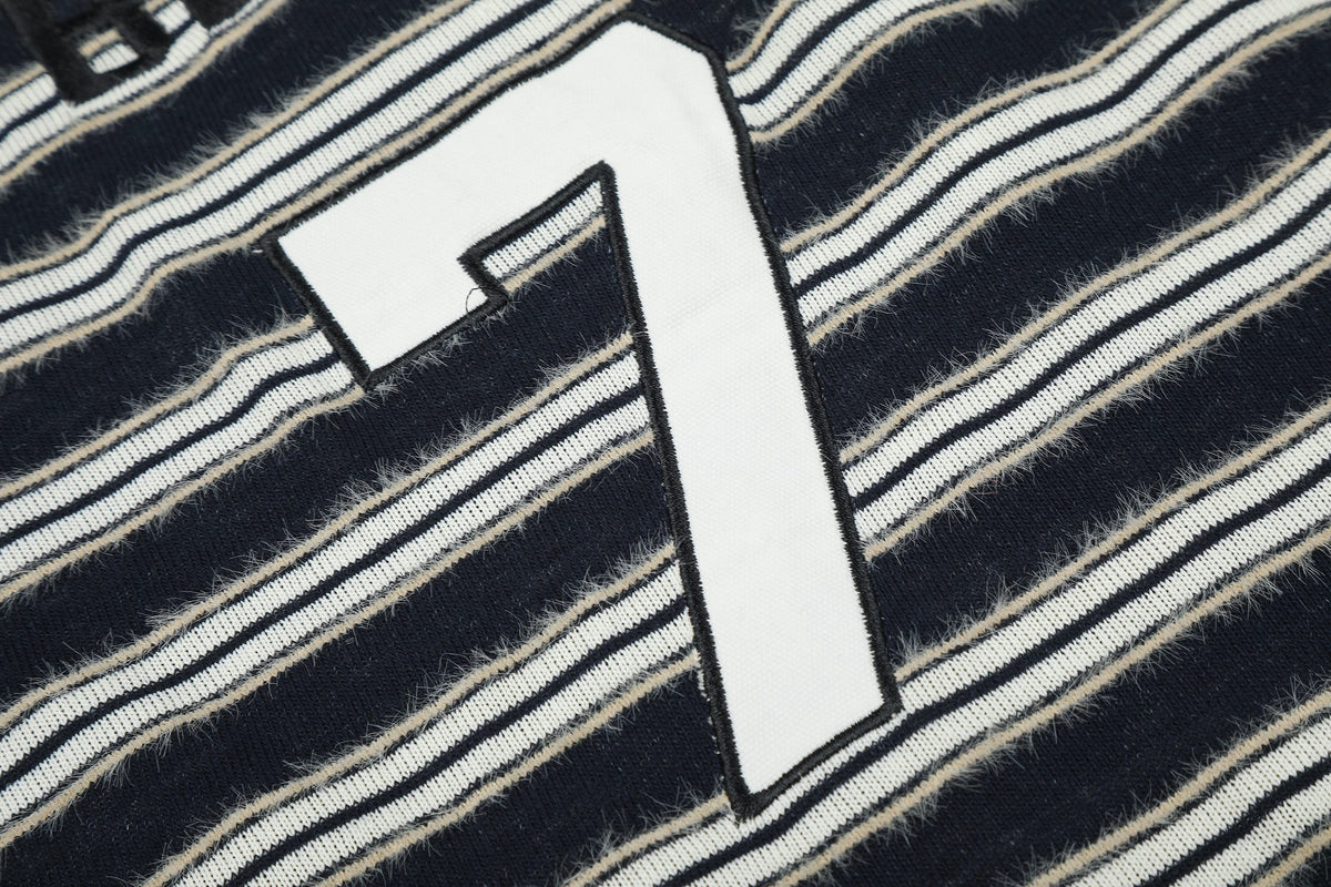 Madxmarx Vintage Striped Fur Collar Long Sleeve Polo