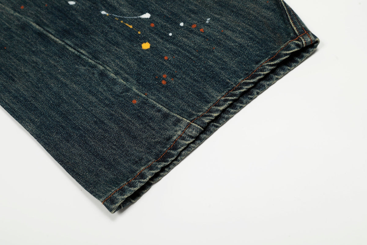 Calça Jeans Wide-Leg Patchwork com Respingos de Tinta Madxmarx