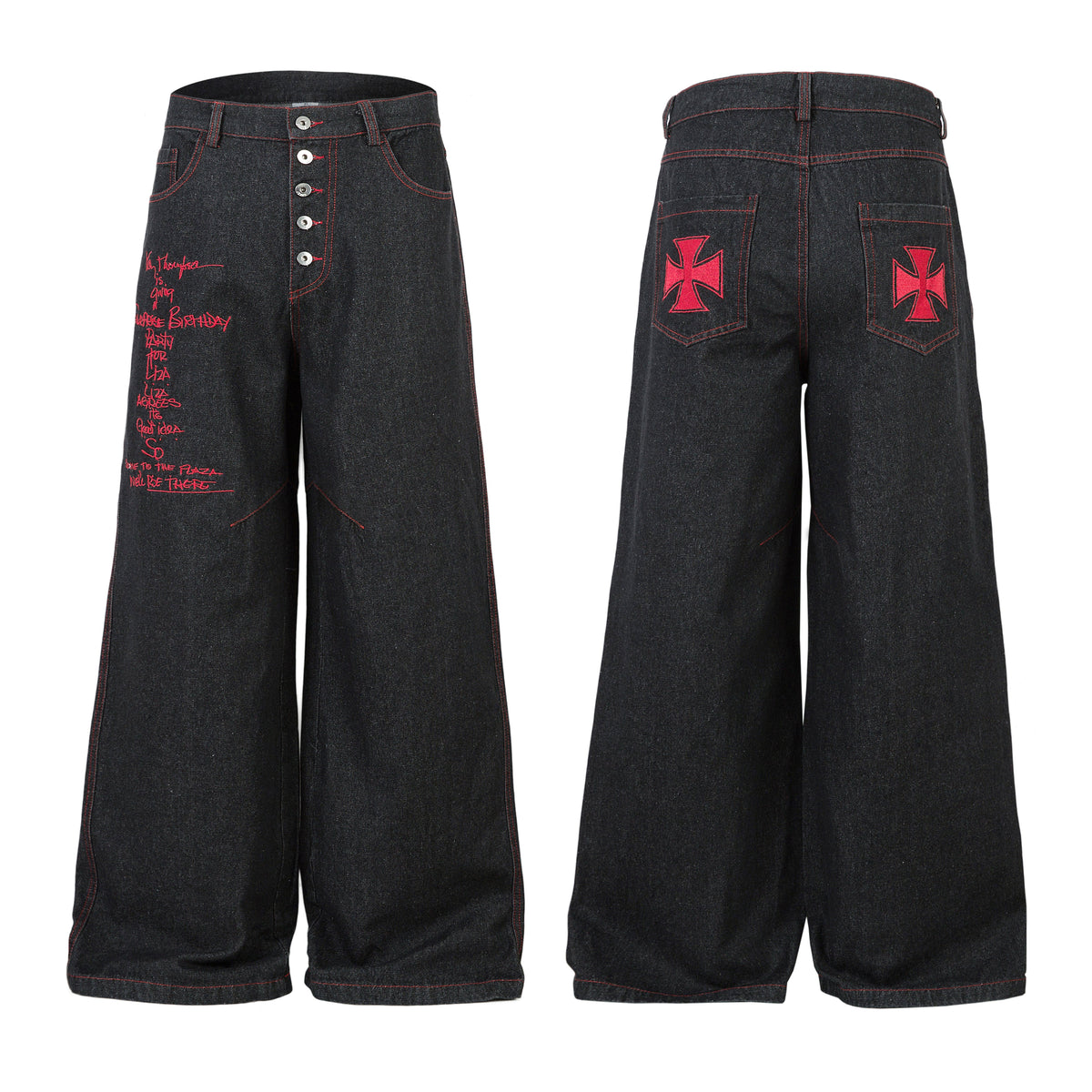 Madxmarx Red Stitch Embroidered Wide-Leg Jeans