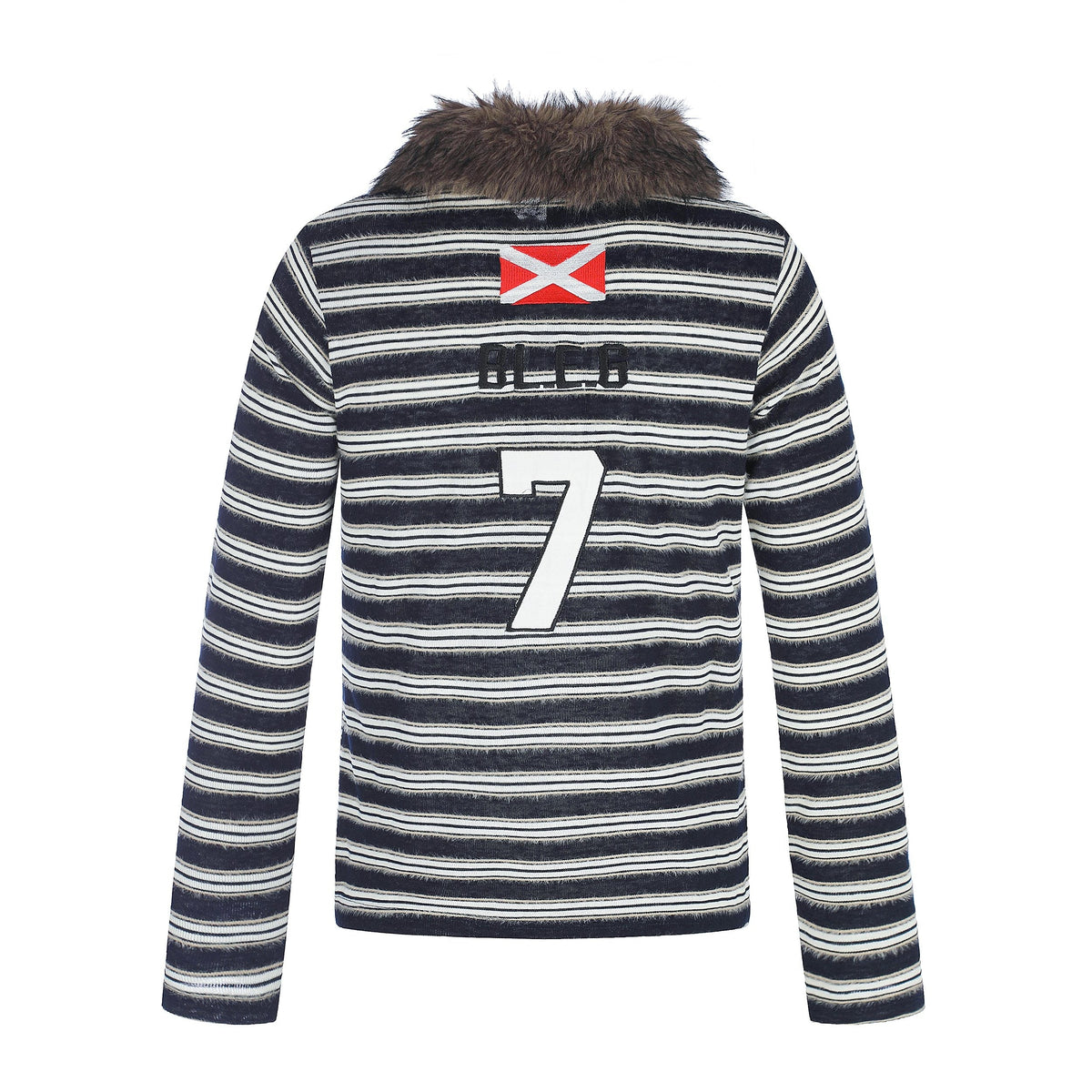 Madxmarx Vintage Striped Fur Collar Long Sleeve Polo
