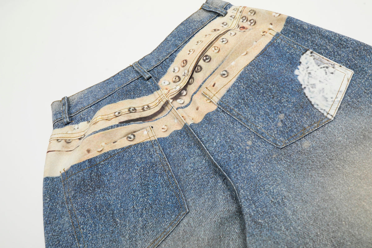 Calça Jeans com Estampa de Cinto de Tachas Madxmarx
