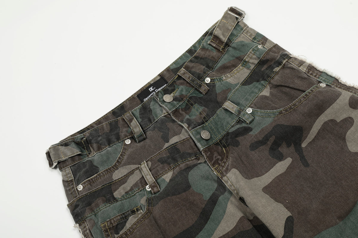 Calça Jeans Cargo Camuflada de Cintura Dupla Madxmarx