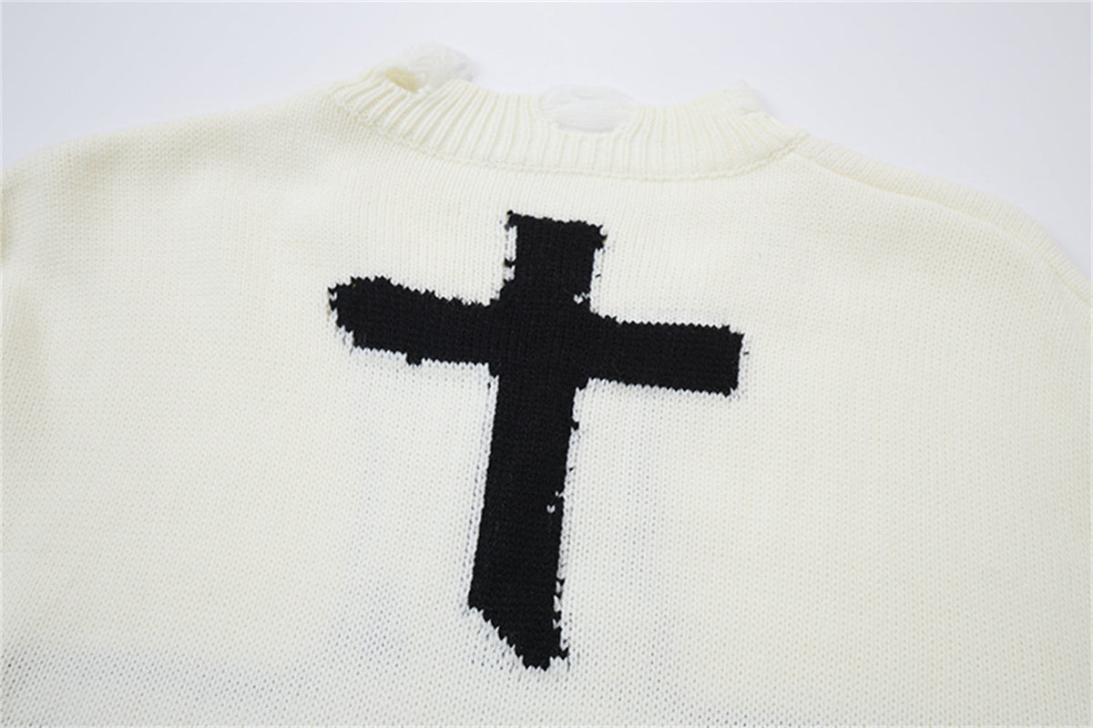 Madxmarx Distressed Cross Knit Sweater