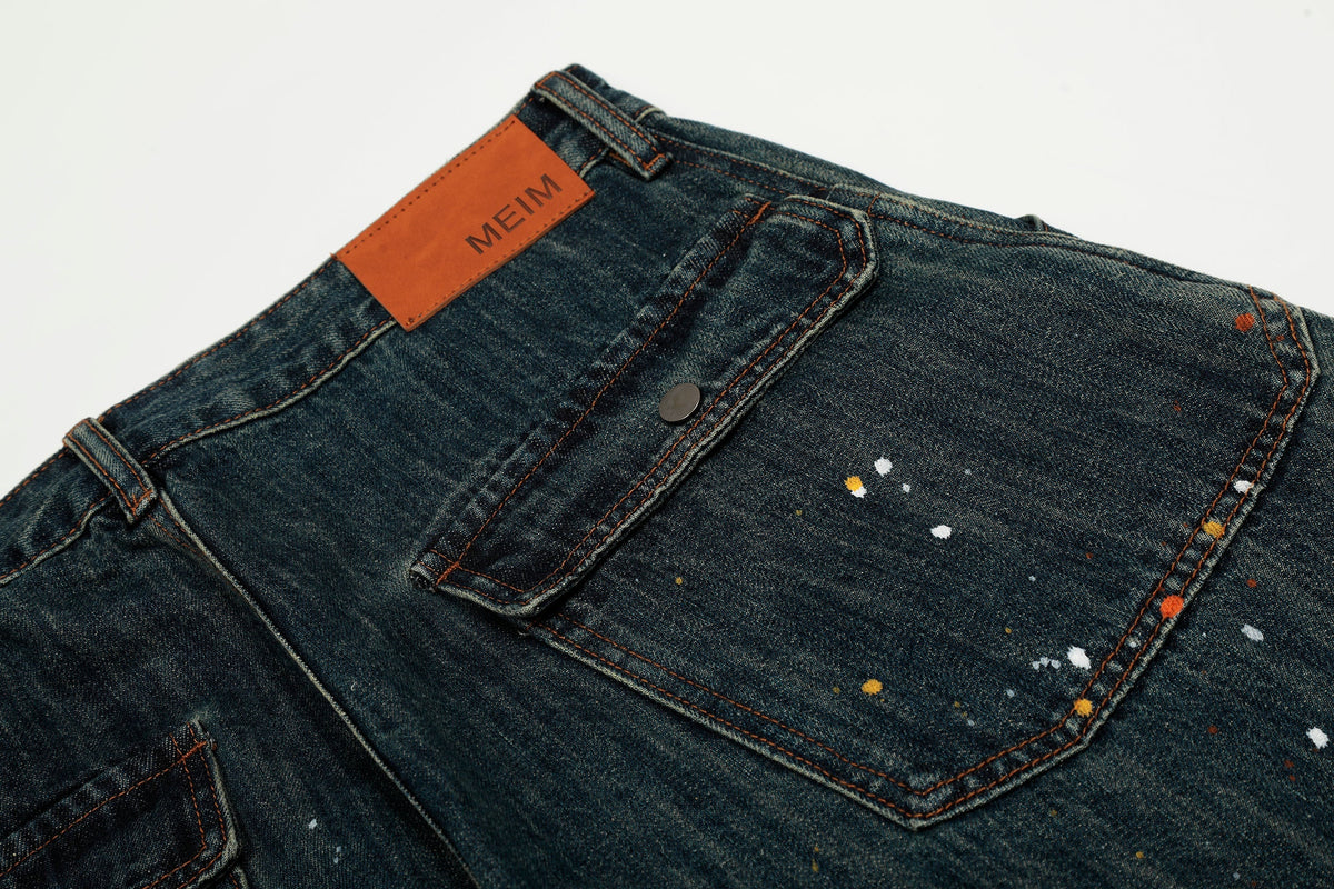 Calça Jeans Wide-Leg Patchwork com Respingos de Tinta Madxmarx