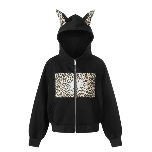 Madxmarx Leopard Panel Zip Hoodie - S / Black