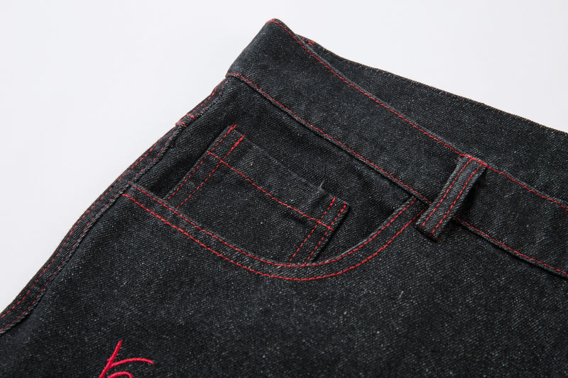 Madxmarx Red Stitch Embroidered Wide-Leg Jeans