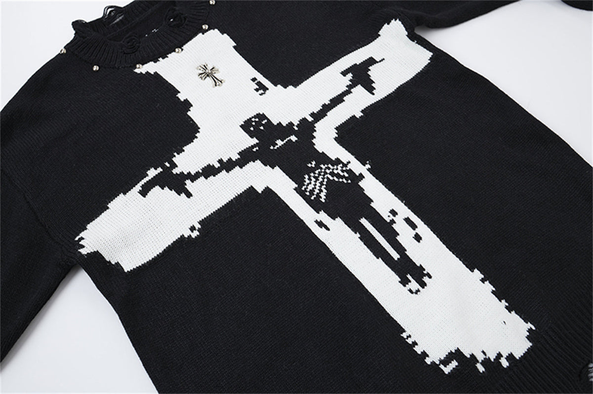 Madxmarx Distressed Cross Knit Sweater