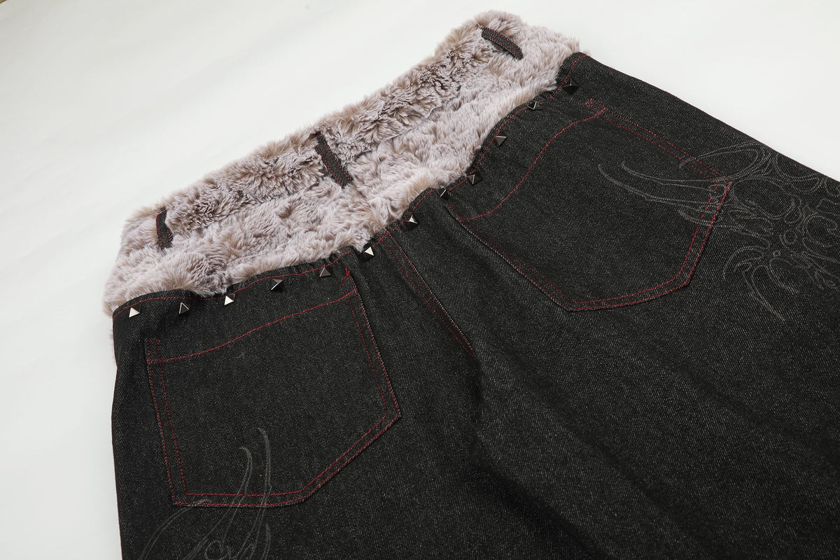Madxmarx Faux-Fur Waist Graphic Wide-Leg Jeans
