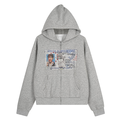 Madxmarx “Business Card” Graphic Zip Hoodie - M / Grey