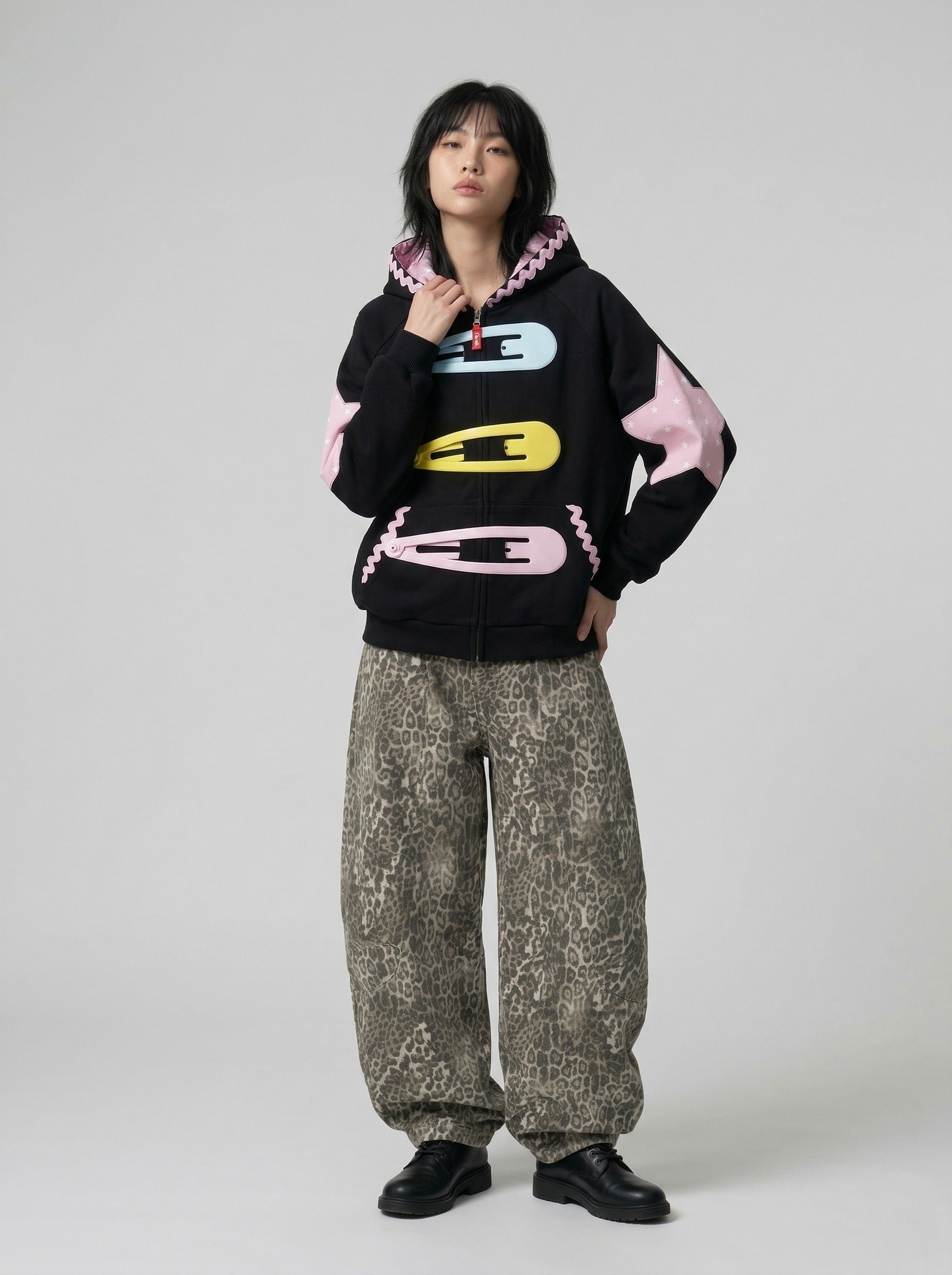 Star Appliqué Color-Block Zip Hoodie