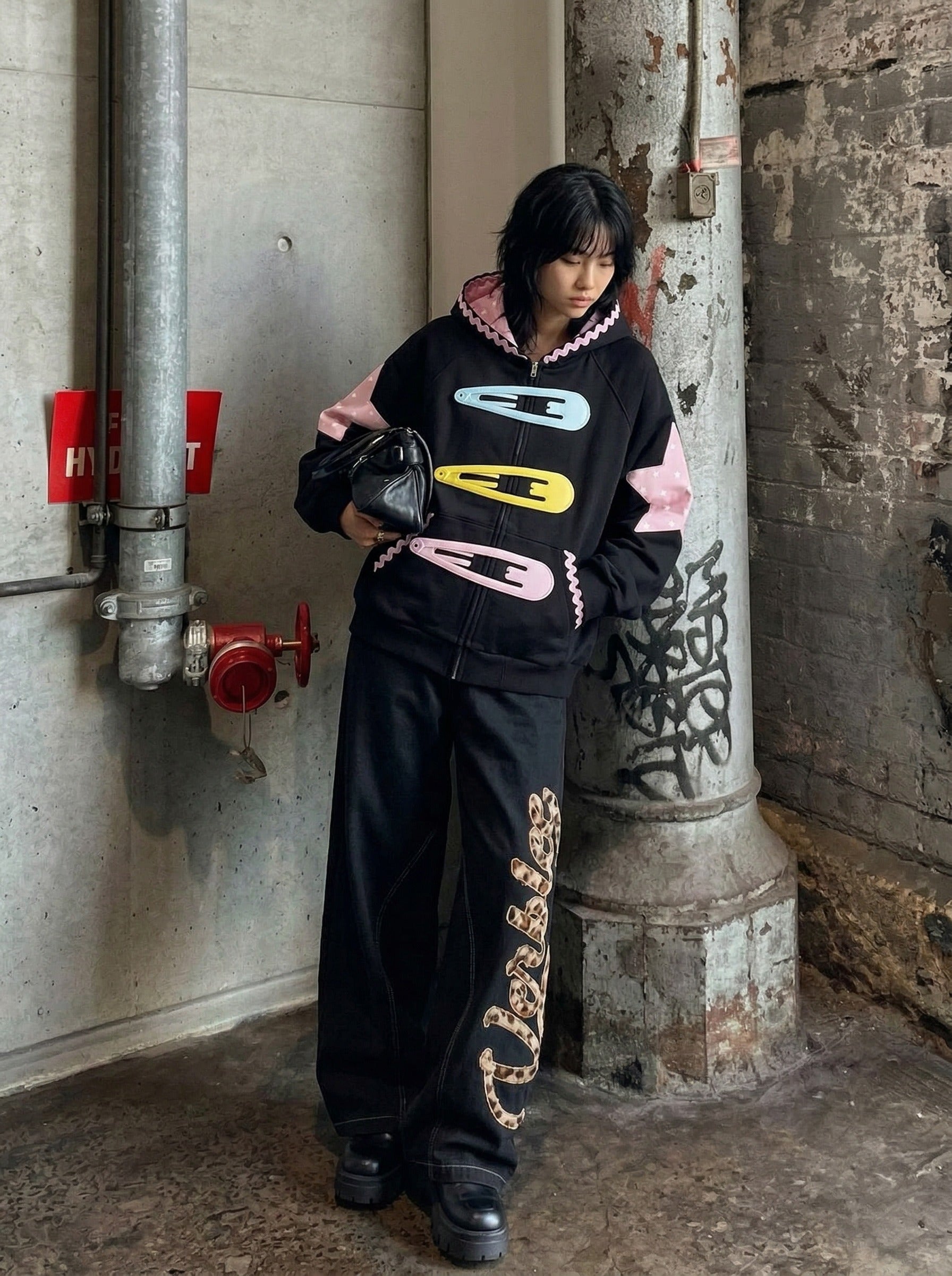 Star Appliqué Color-Block Zip Hoodie
