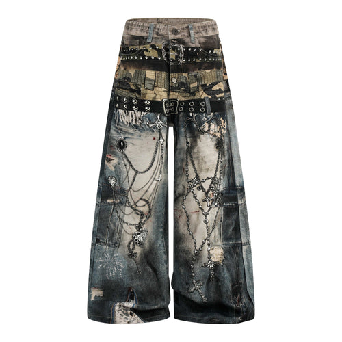 Madxmarx Vintage Chain Patchwork Wide-Leg Jeans - XS / As Shown
