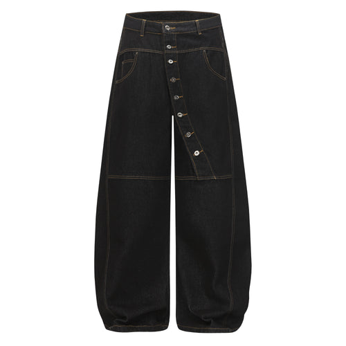 Madxmarx Asymmetric Button Wide-Leg Denim Pants - XS / Black
