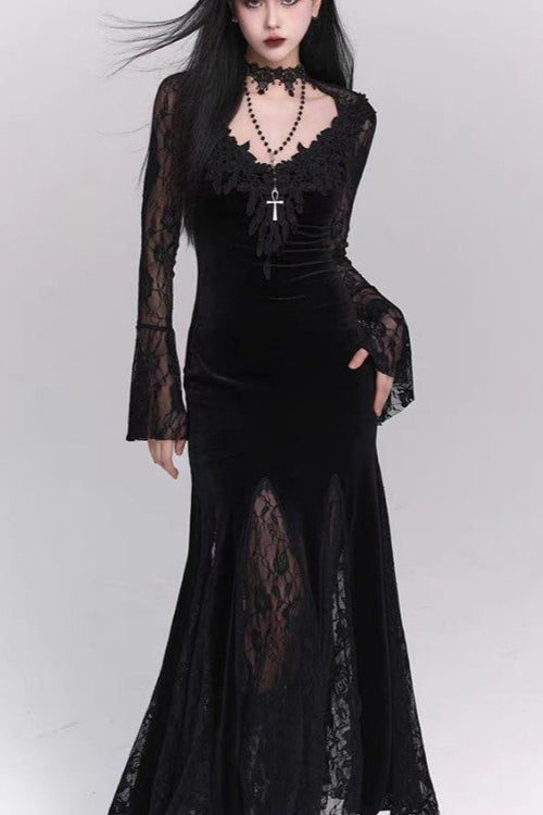 Vestido Gótico de Renda Vermelho e Preto para Halloween - Preto / S