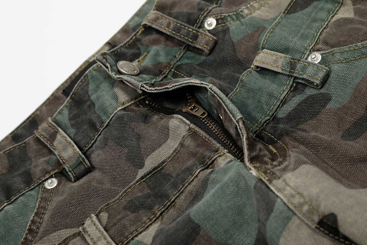 Calça Jeans Cargo Camuflada de Cintura Dupla Madxmarx