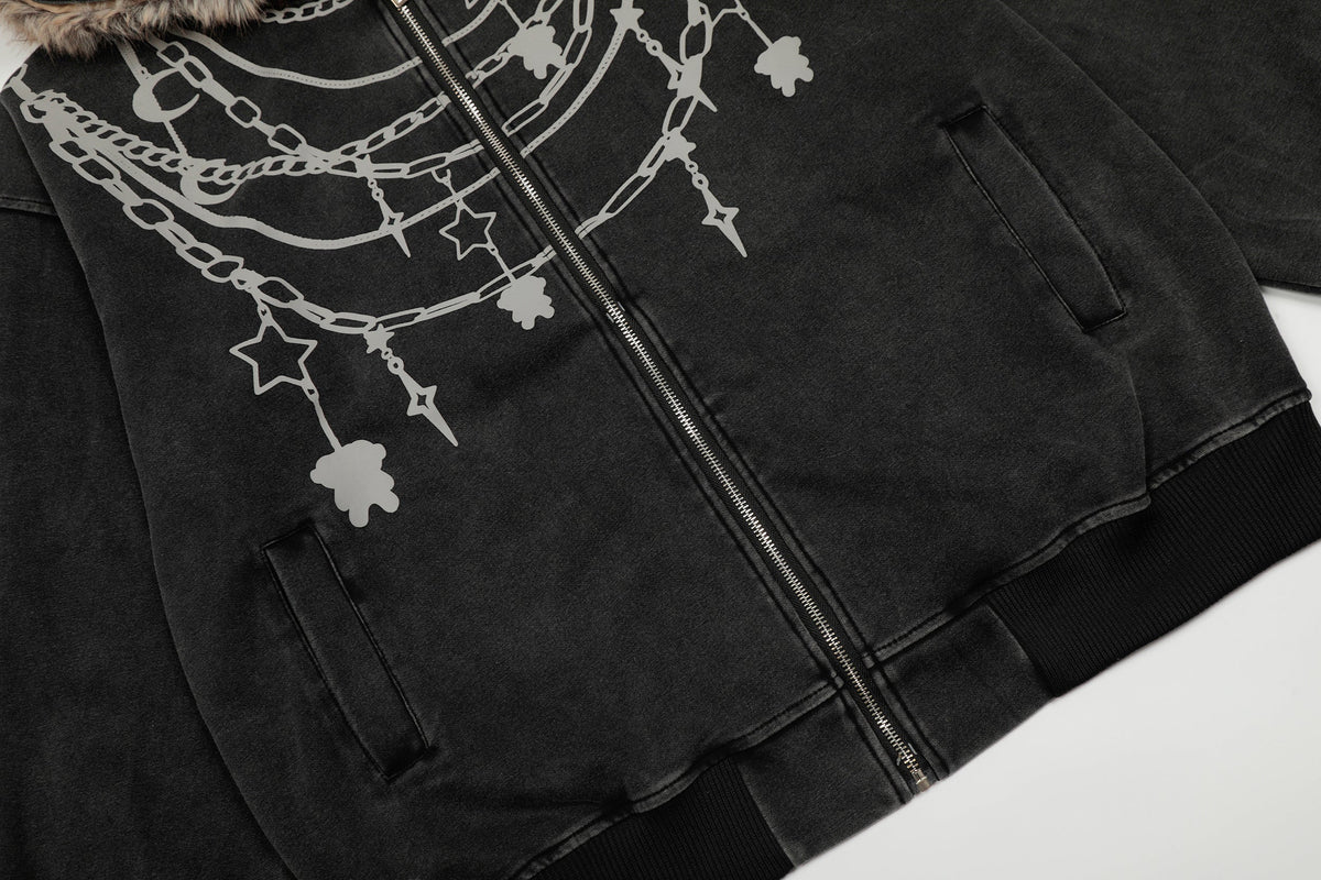 Madxmarx Chain Print Faux Fur Hooded Jacket