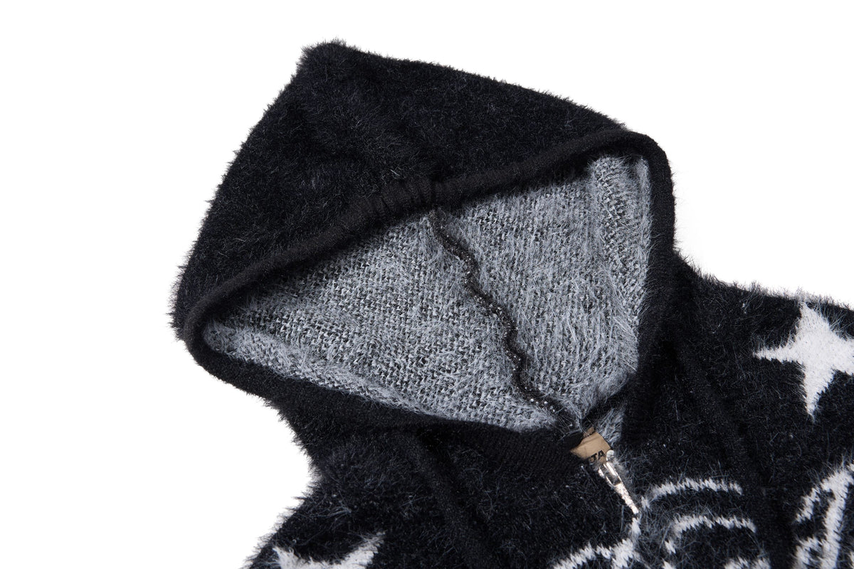 Madxmarx Fuzzy Star Stripe Zip-Up Sweater