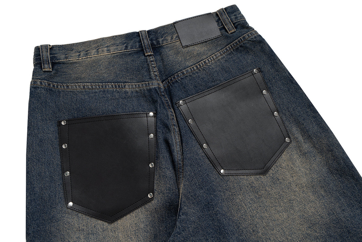 Madxmarx Distressed Leather Patch Denim Jeans