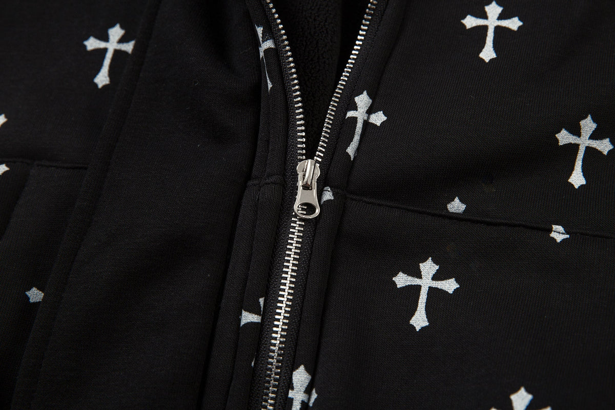 Madxmarx Cross Print Faux Fur Hooded Jacket
