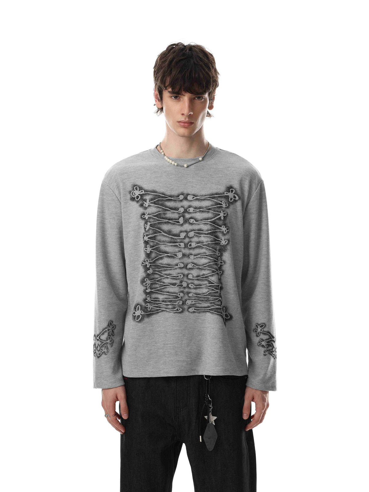 Madxmarx Vintage Skeleton Graphic Waffle Long Sleeve Tee