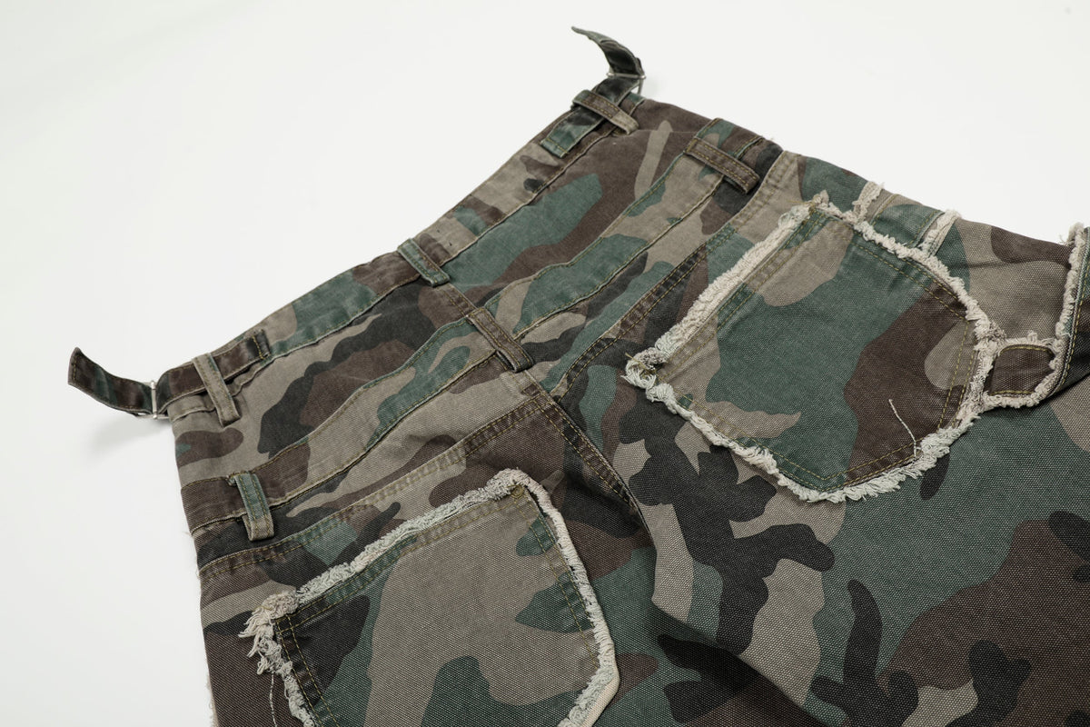 Calça Jeans Cargo Camuflada de Cintura Dupla Madxmarx