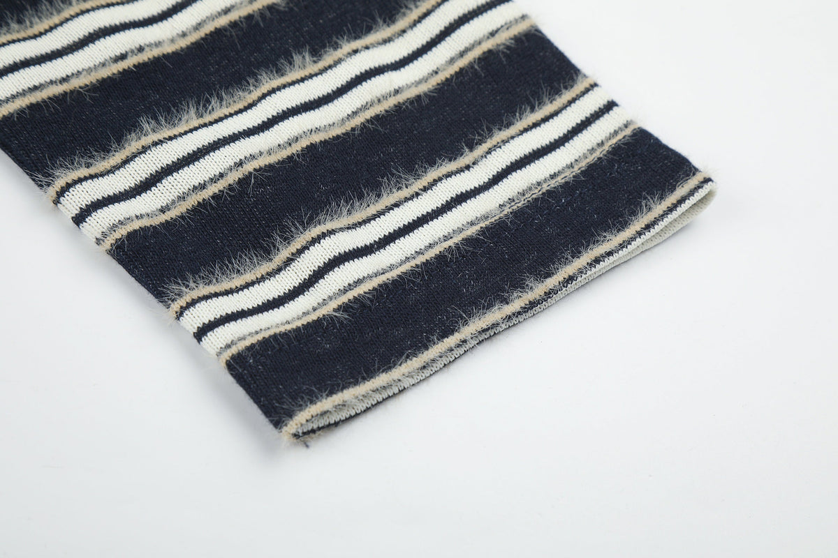 Madxmarx Vintage Striped Fur Collar Long Sleeve Polo