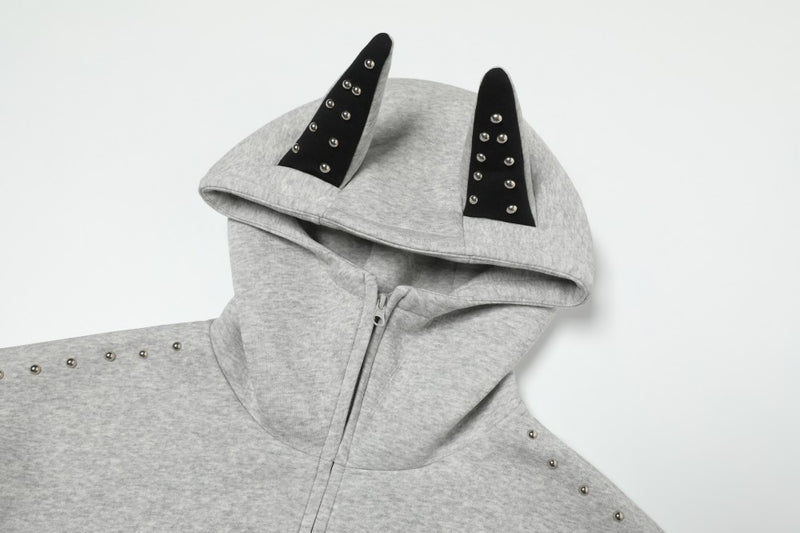 Madxmarx Devil Horn Studded High-Neck Zip Hoodie