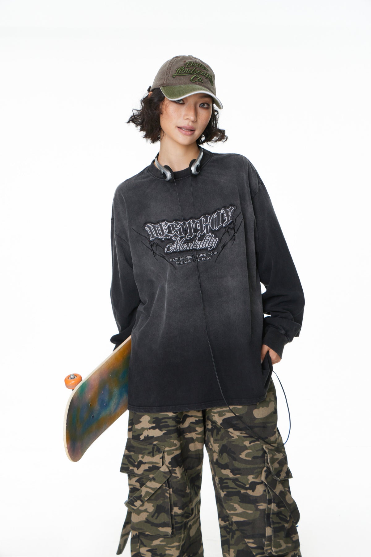 Madxmarx Gradient Washed Graphic Long Sleeve Tee