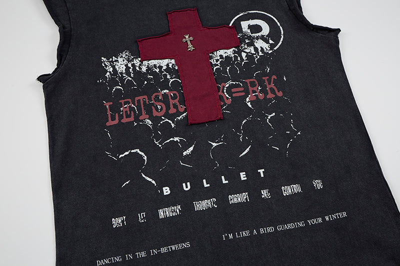 Madxmarx Distressed Cross Sleeveless T-Shirt