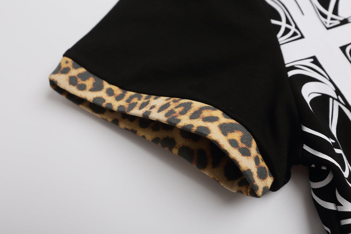 Madxmarx Gothic Cross Leopard Collar Polo Shirt