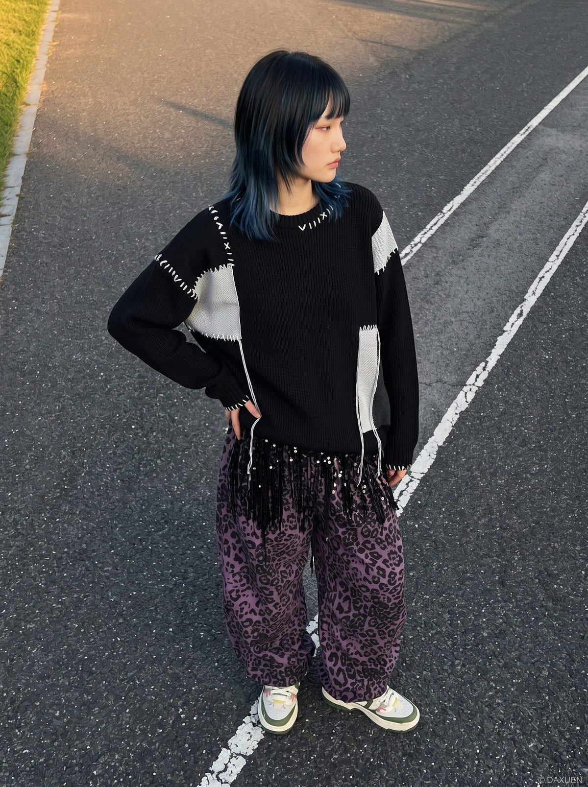 DAXUEN black oversized patchwork knit sweater — model photo