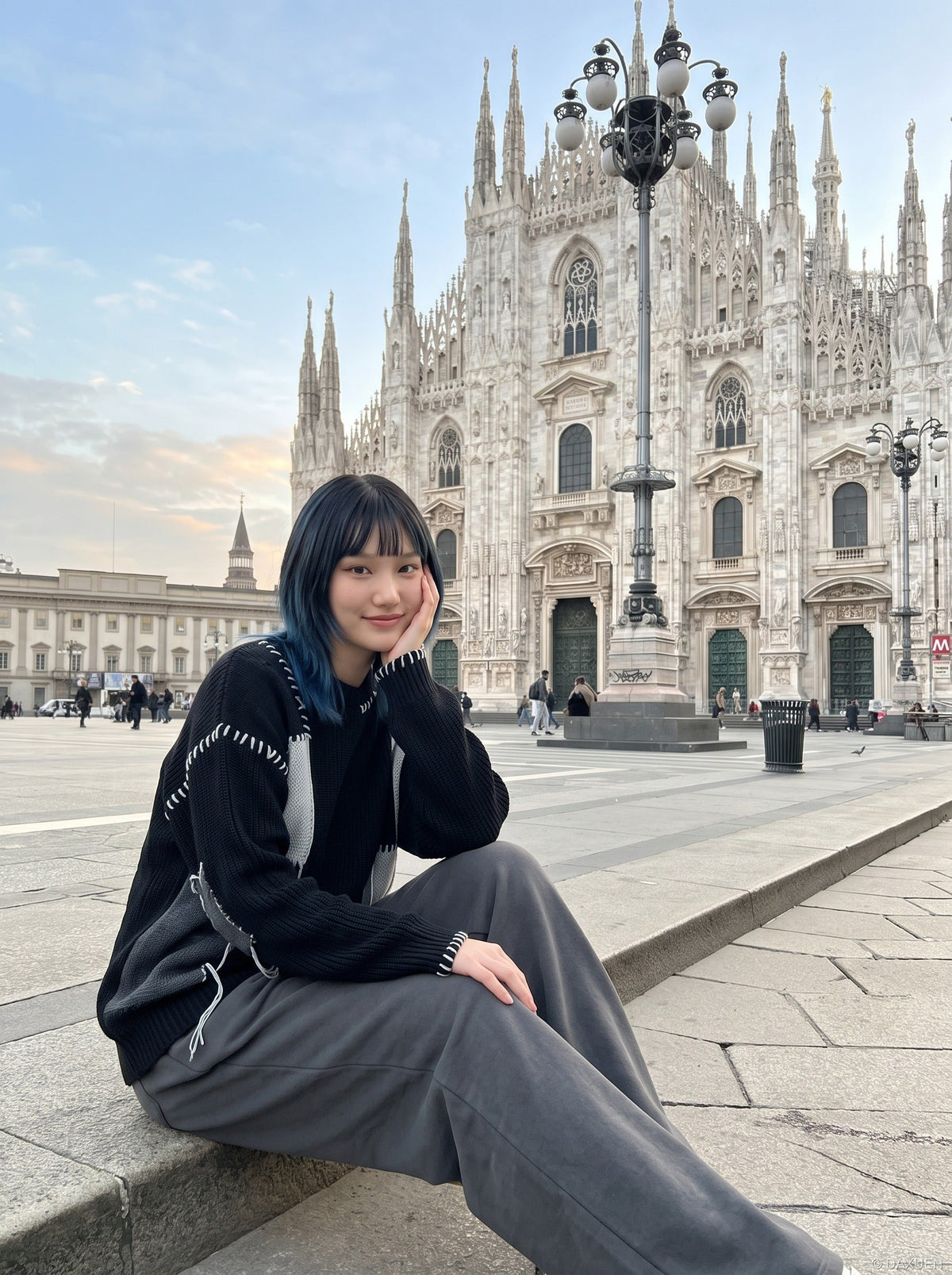 DAXUEN black oversized patchwork knit sweater — model photo