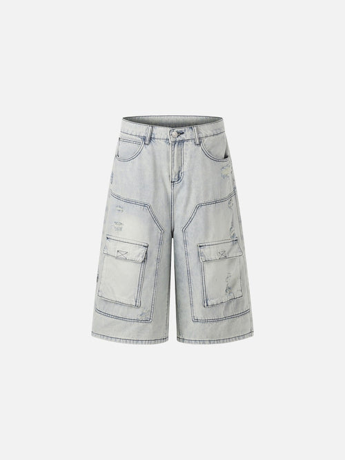Acid-Washed Wide-Leg Cargo Shorts - Light Blue / S