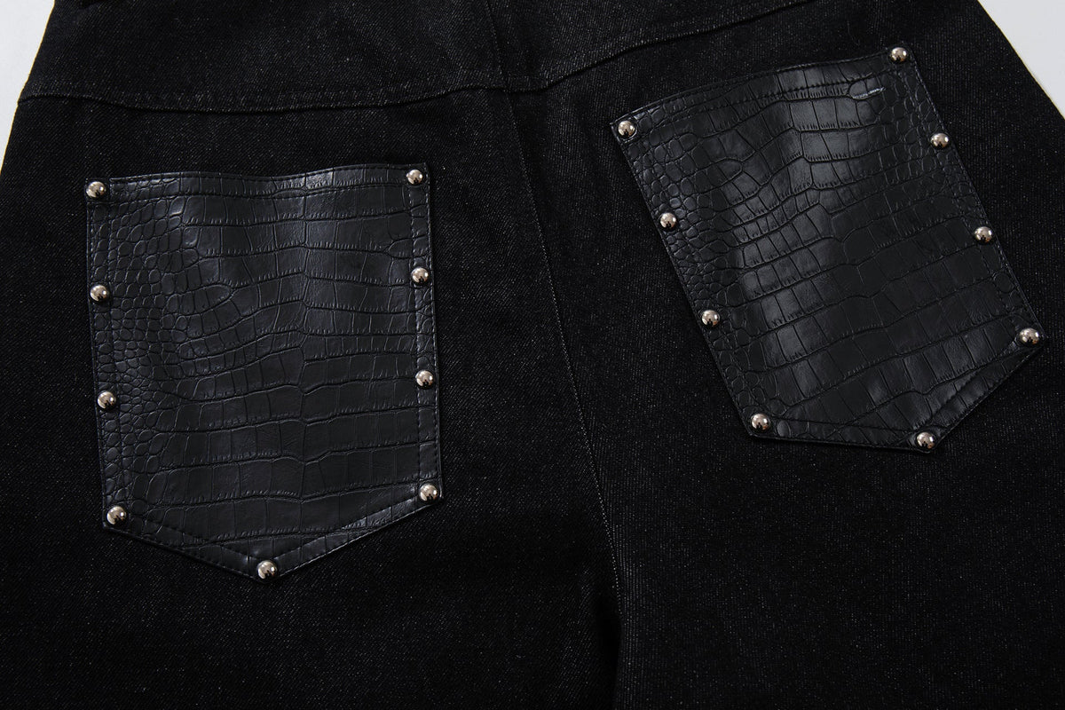 DAXUEN black angular crocodile-panel trousers