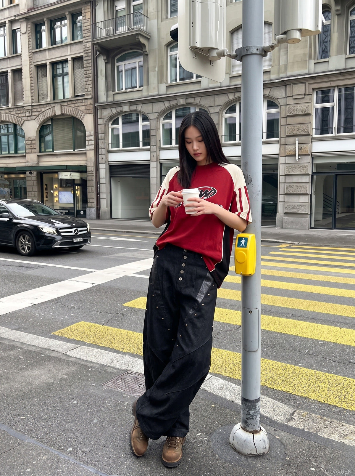 DAXUEN black angular crocodile-panel trousers — model photo