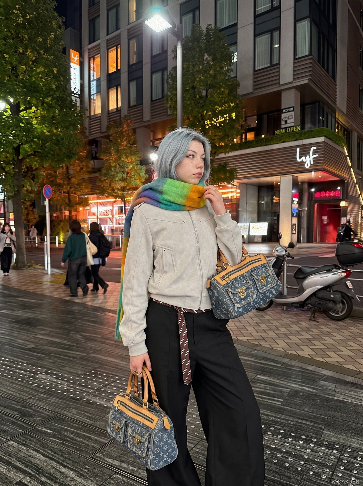 DAXUEN light grey angular panel suede bomber jacket — model photo