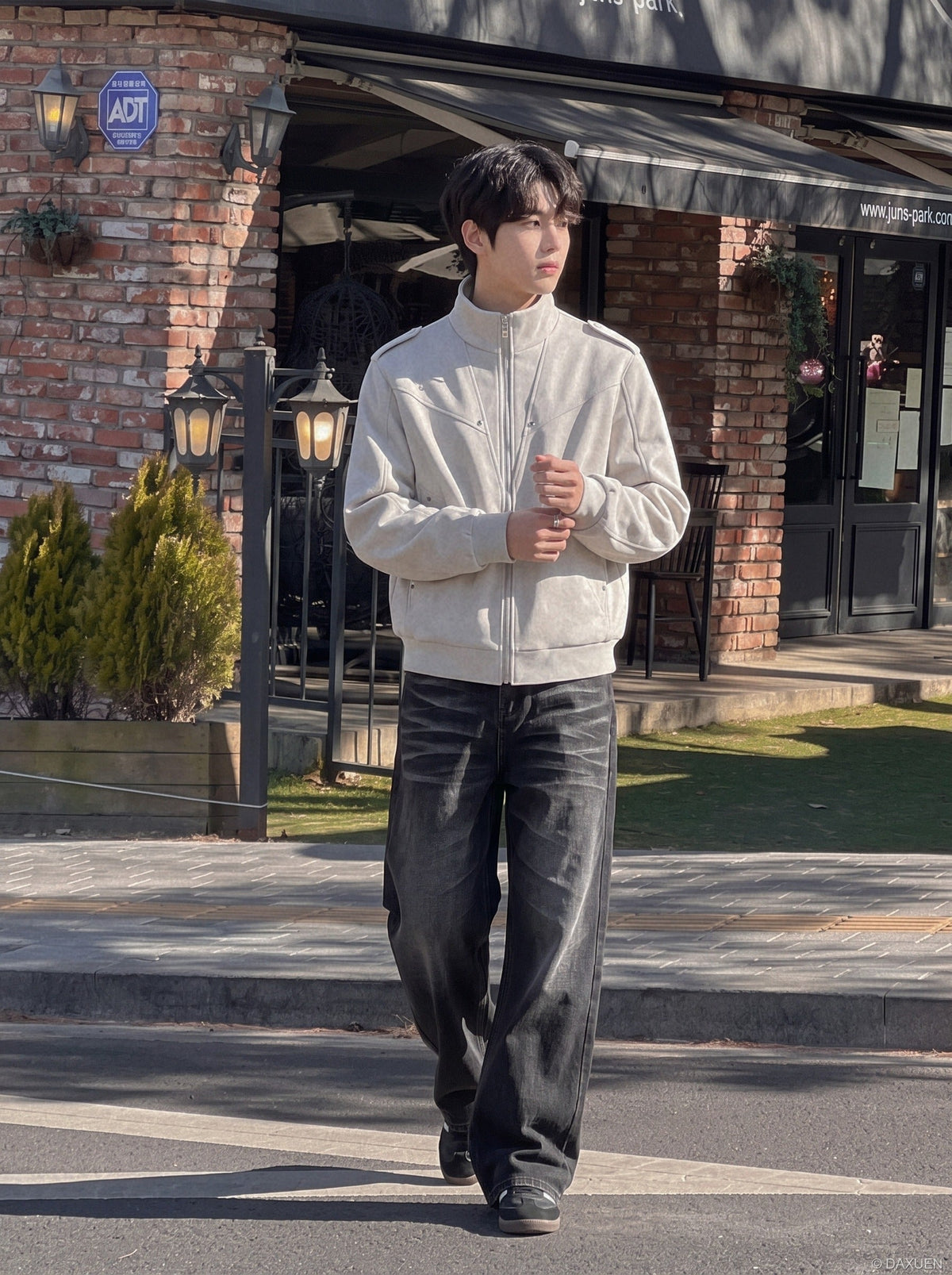 DAXUEN light grey angular panel suede bomber jacket — model photo