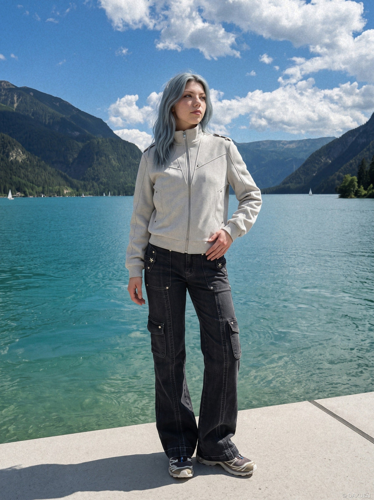 DAXUEN light grey angular panel suede bomber jacket — model photo