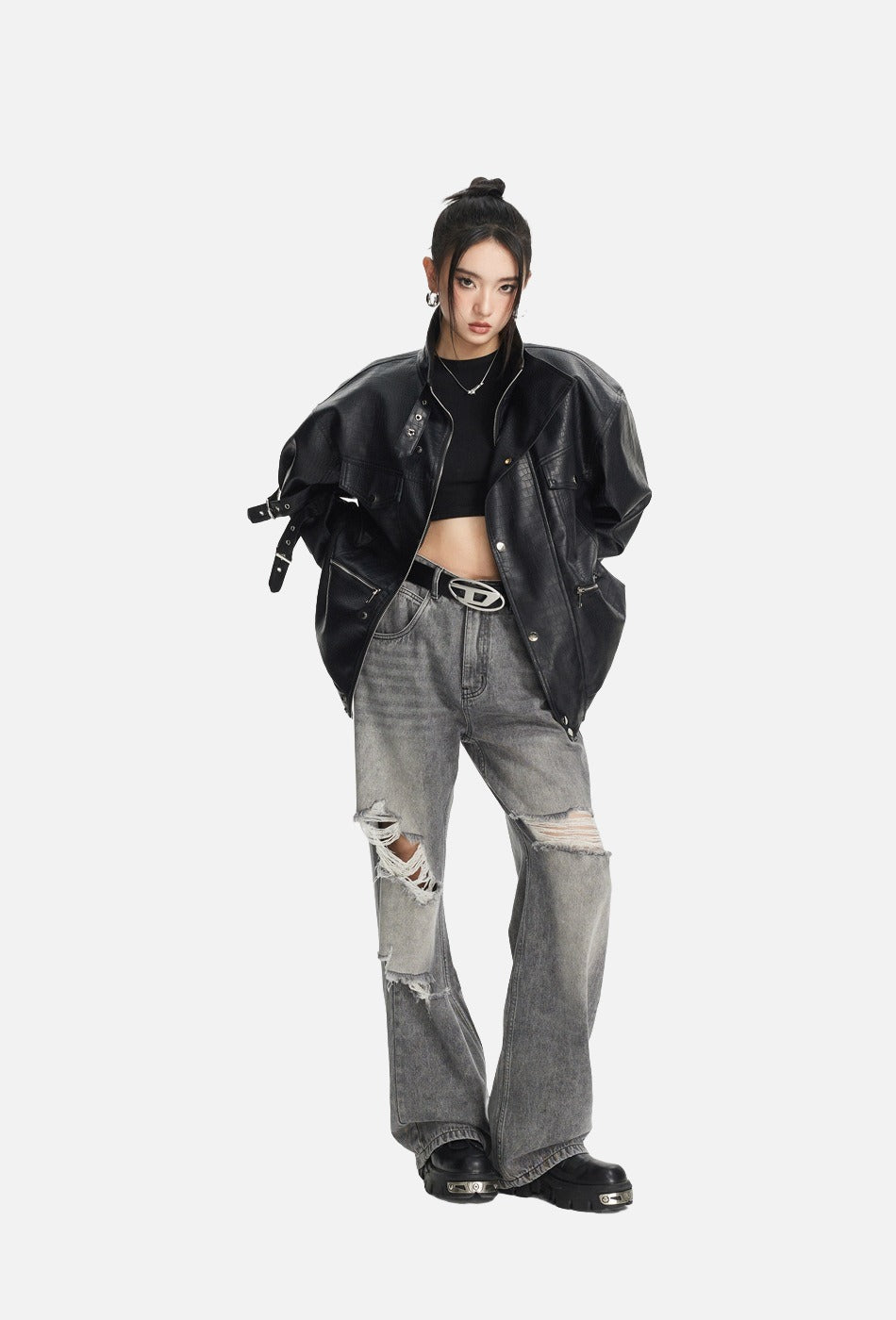 Black Crocodile-Embossed Faux Leather Jacket