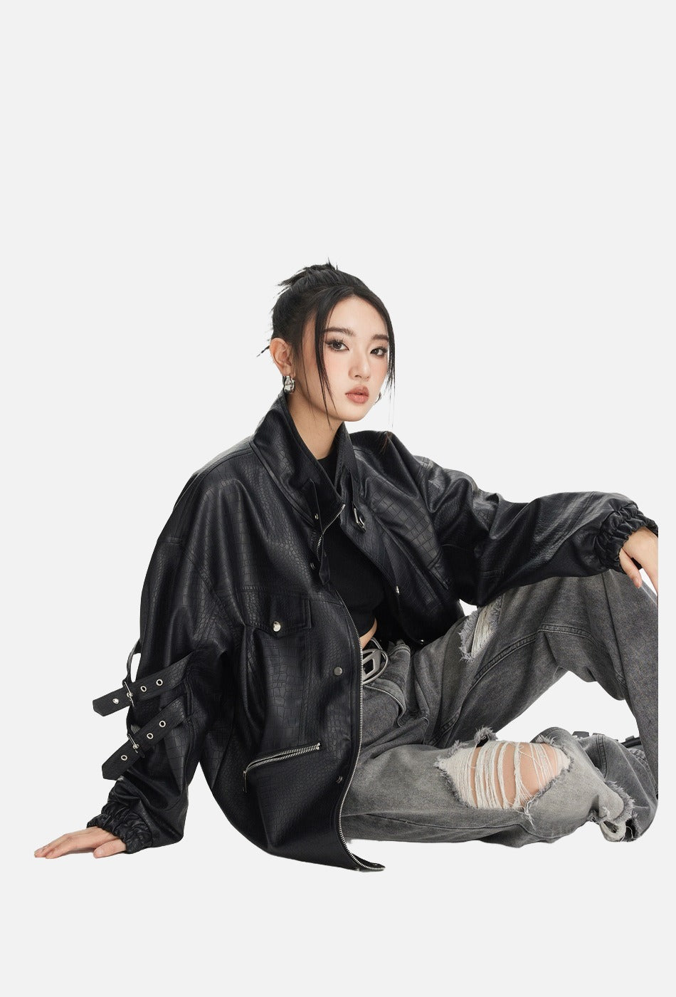 Black Crocodile-Embossed Faux Leather Jacket