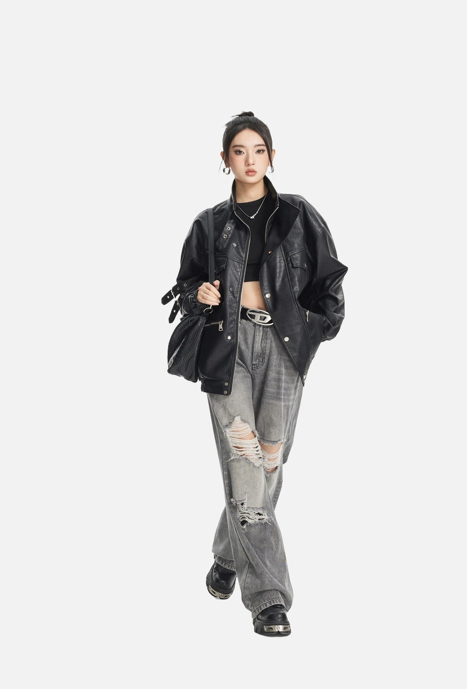 Black Crocodile-Embossed Faux Leather Jacket