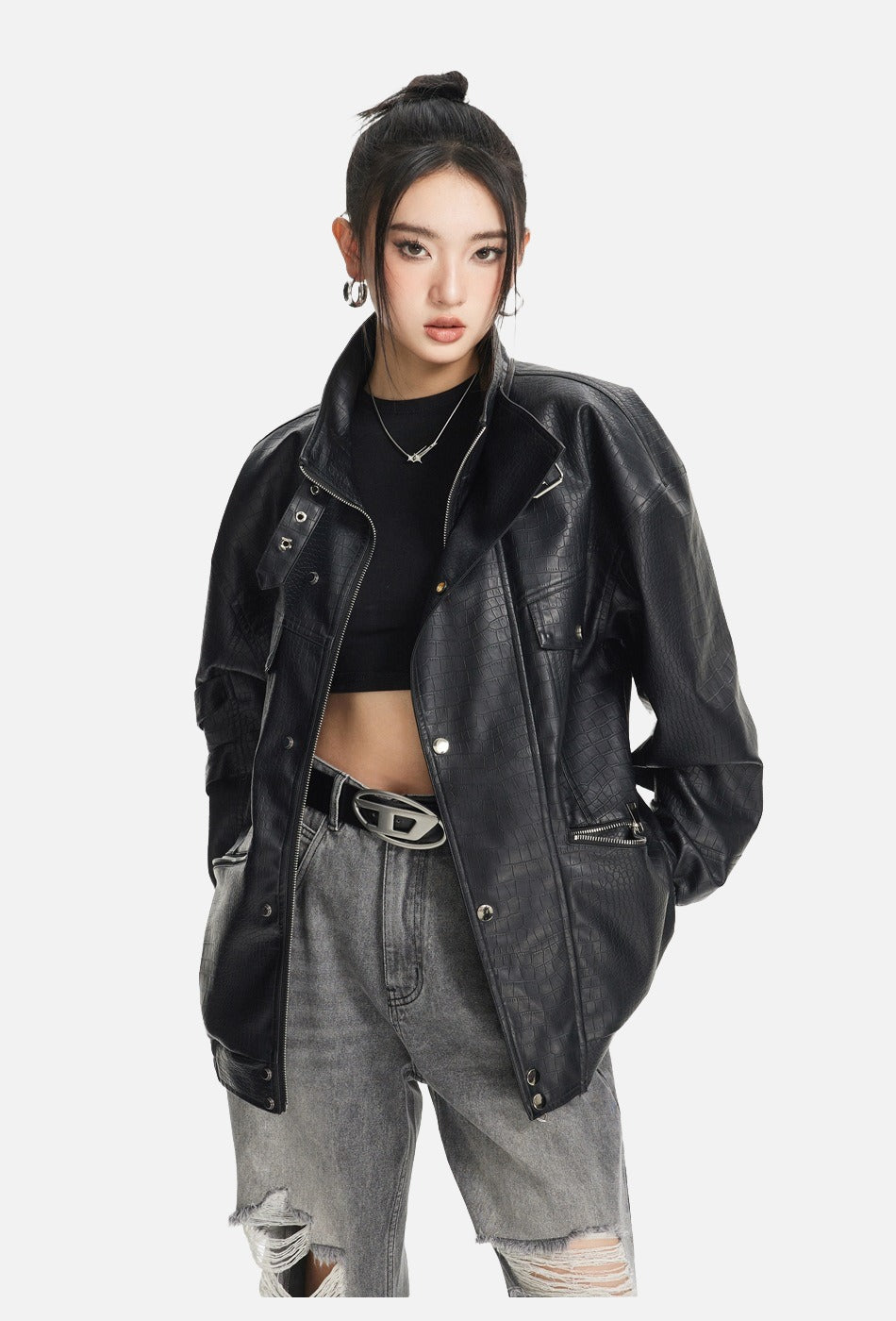 Black Crocodile-Embossed Faux Leather Jacket