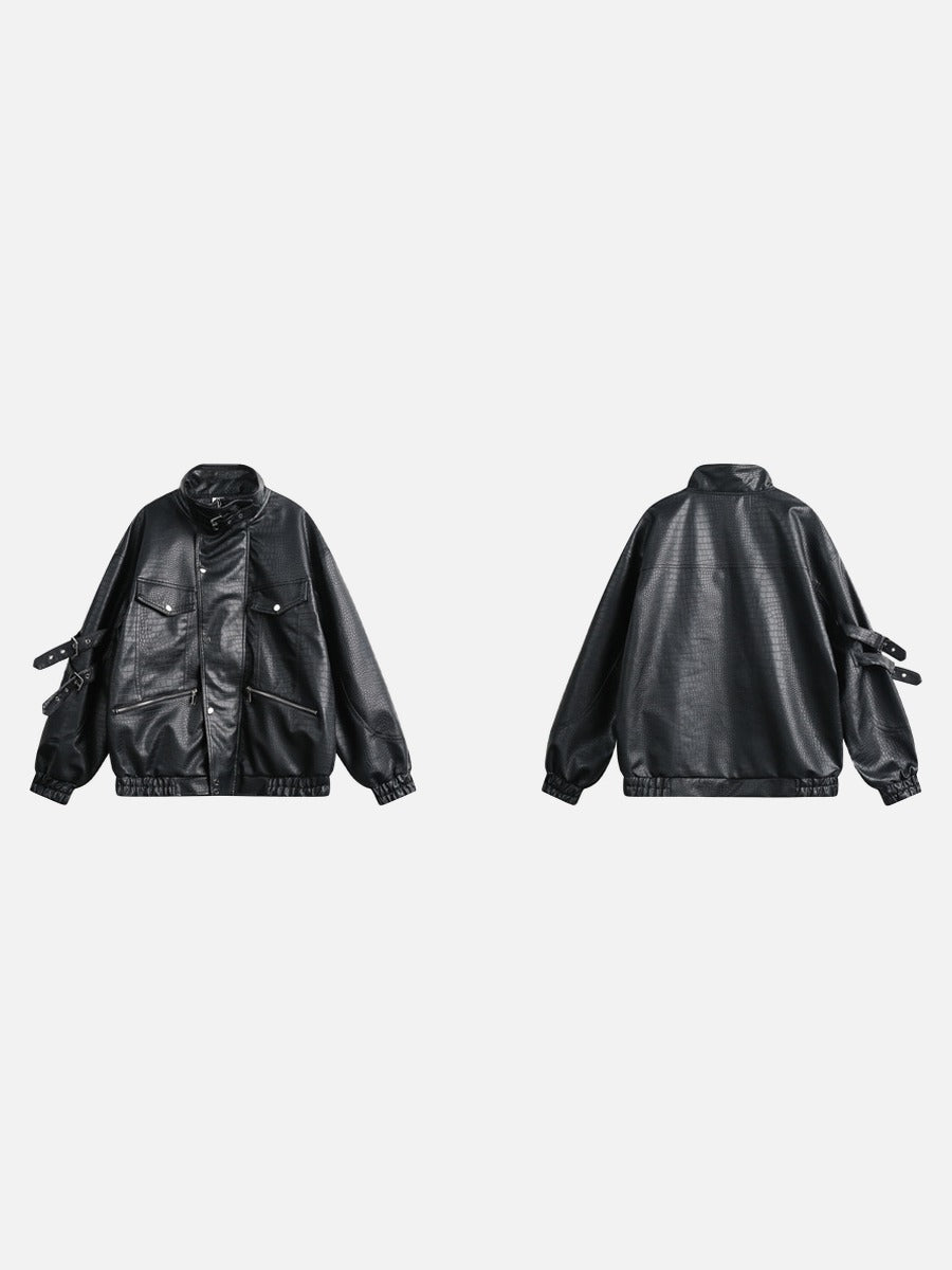 Black Crocodile-Embossed Faux Leather Jacket