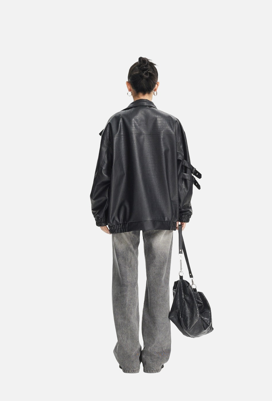 Black Crocodile-Embossed Faux Leather Jacket
