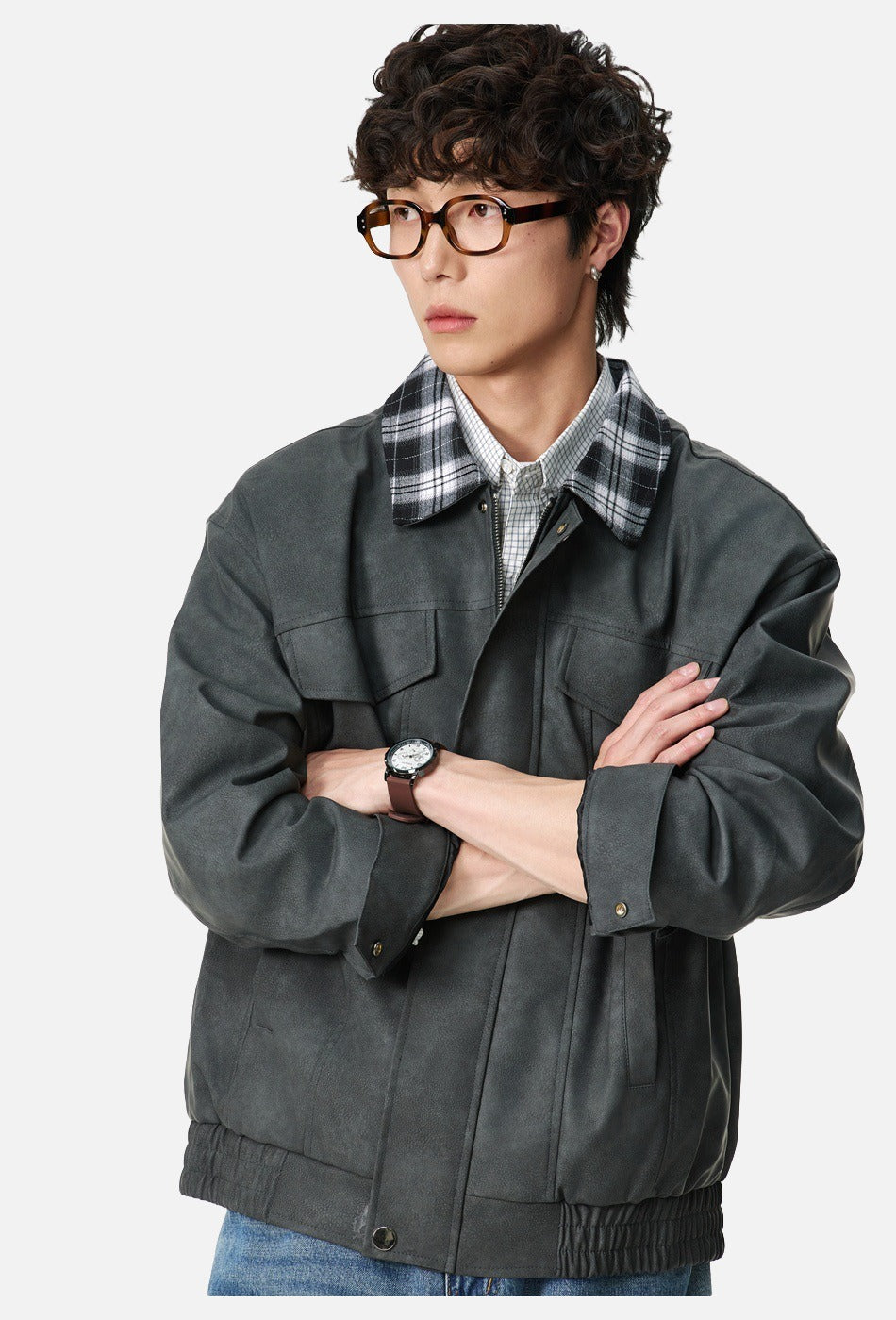 Plaid-Collared Bomber Jacket